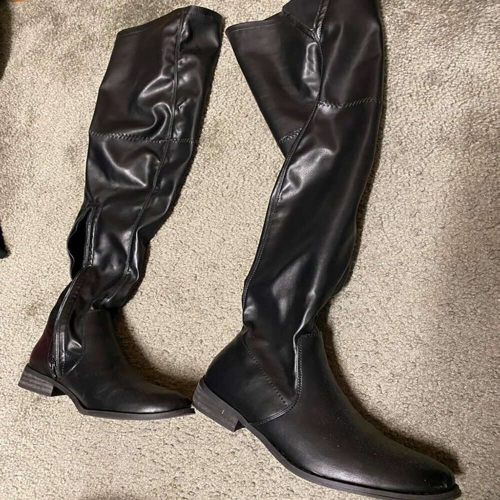 🆕Women Pu Black Over The Knee Boots Thigh High Low Block Heel Pointed Toe Boot